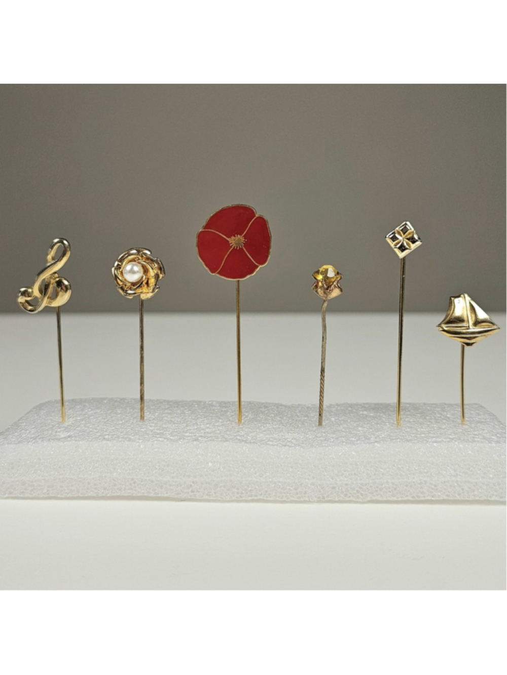 Vtg Gold Tone Stickpin Lot of 6 Signed Enamel Poppy Treble Clef Sailboat Rose